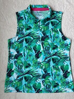 Tommy Bahama Golf Sleeveless Tropical Leaf Polo Top Green & Aqua White Women XL